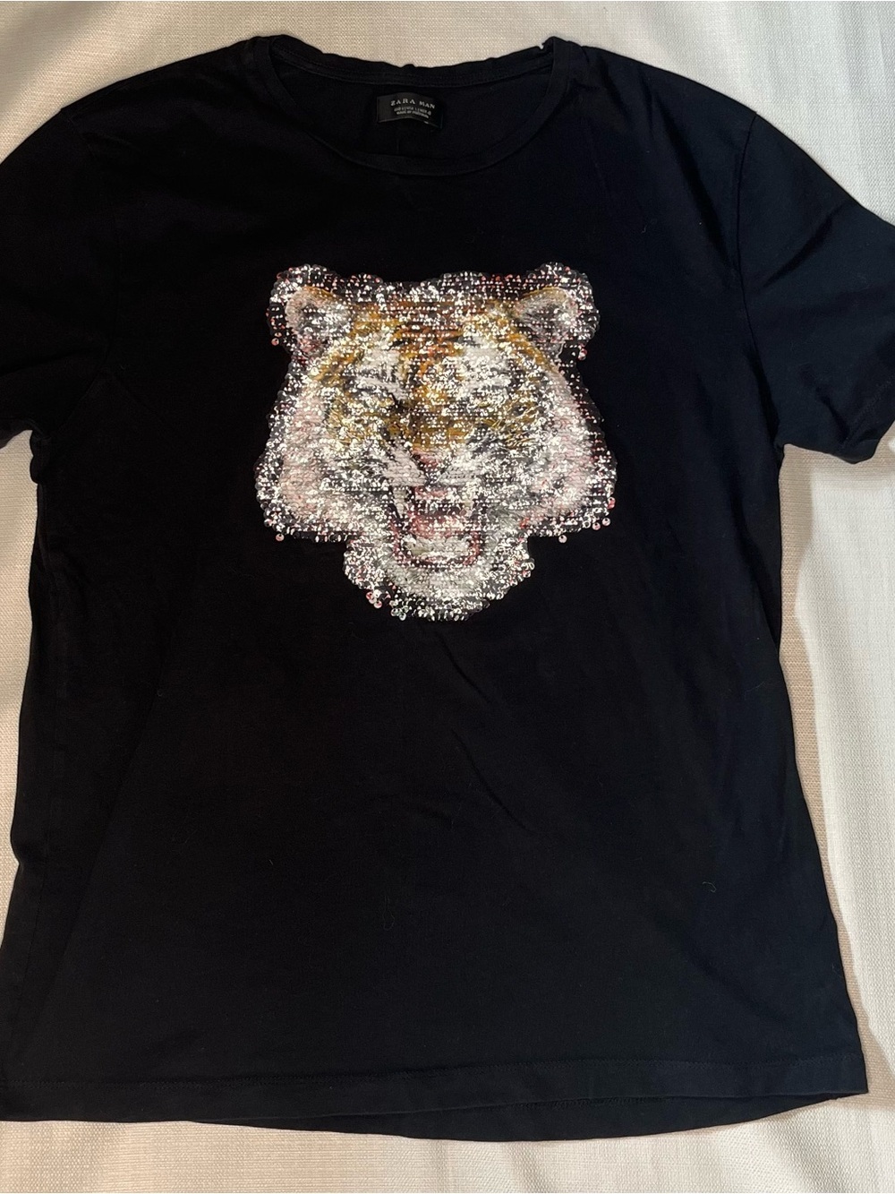 Zara Tee Sequin Tiger Skull Graphic Black Embellished Luxe Streetwear Y2K Style